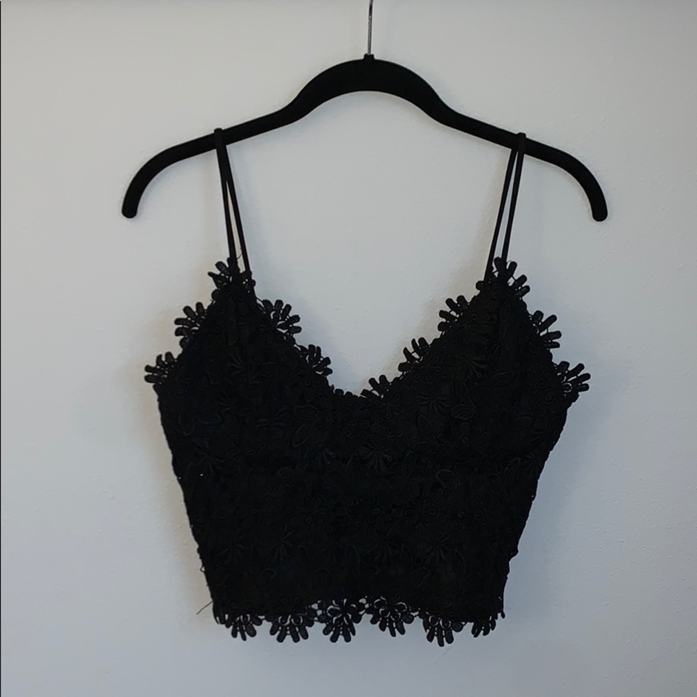 Black Crop Top with Flower Lace Detailing